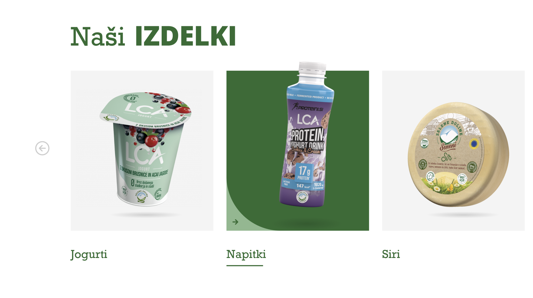 Zelene Doline product families UI moment